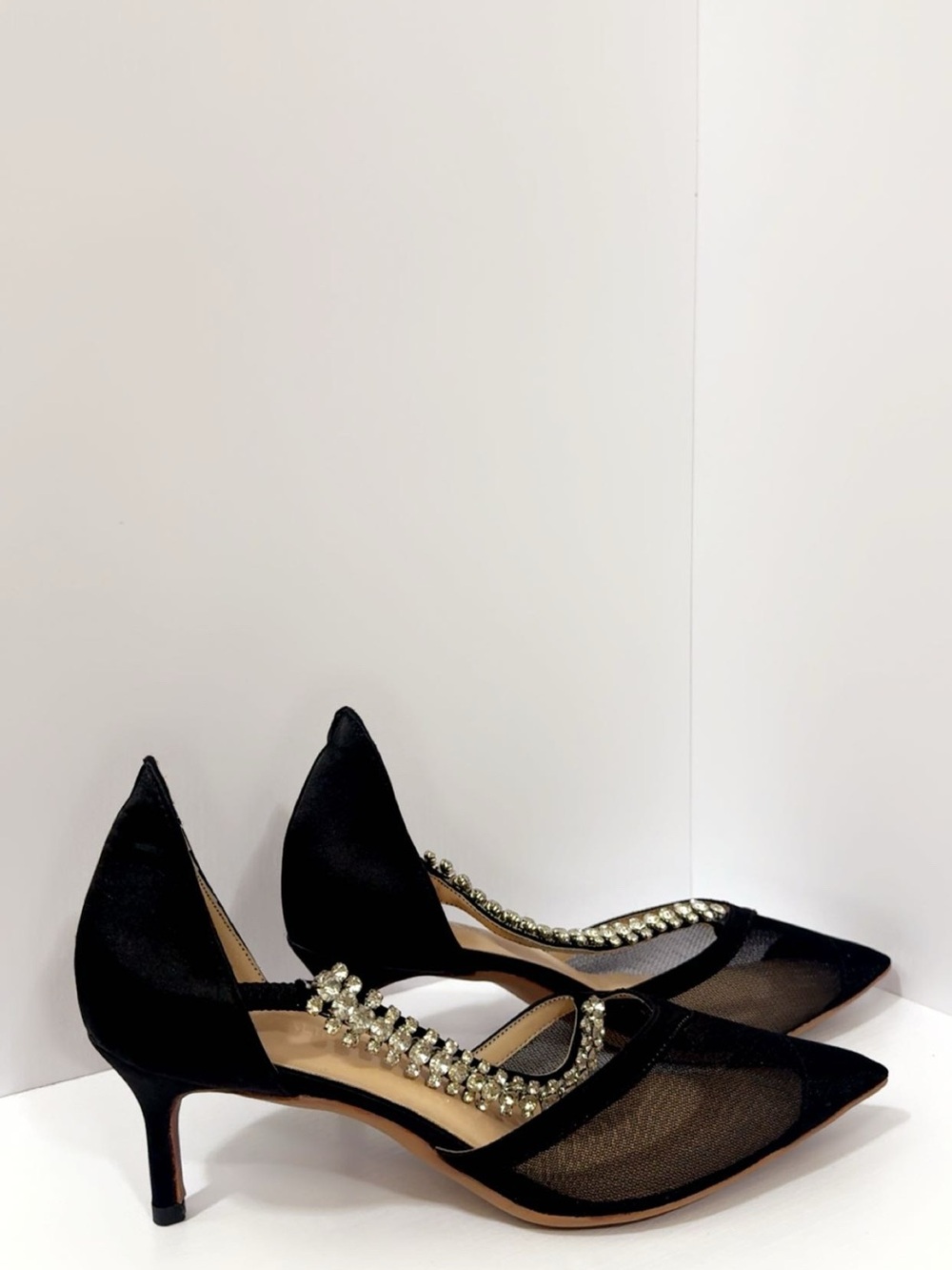 Black Mesh Crystal Kitten Heels Pointed Toe D'Orsay Pumps